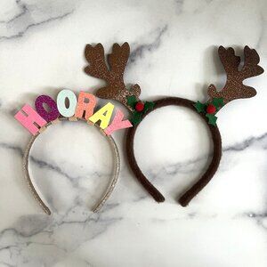 Set of 2 Holiday Celebration Headbands, Hooray & Reindeer Antlers